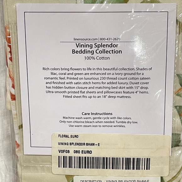 Linen Source Euro Pillow Sham Floral "Vining Splendor" NEW Pillowcase - Picture 2 of 4
